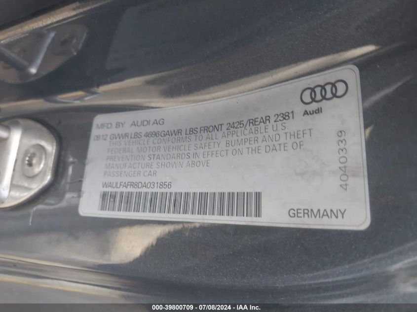 2013 Audi A5 Premium Plus VIN: WAULFAFR8DA031856 Lot: 39800709