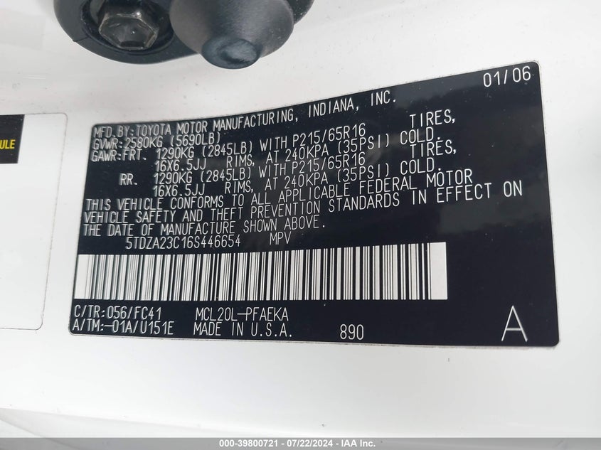 2006 Toyota Sienna Le VIN: 5TDZA23C16S446654 Lot: 39800721