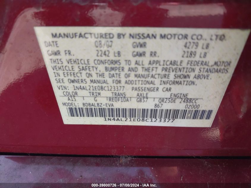 1N4AL21E08C123377 | 2008 NISSAN ALTIMA