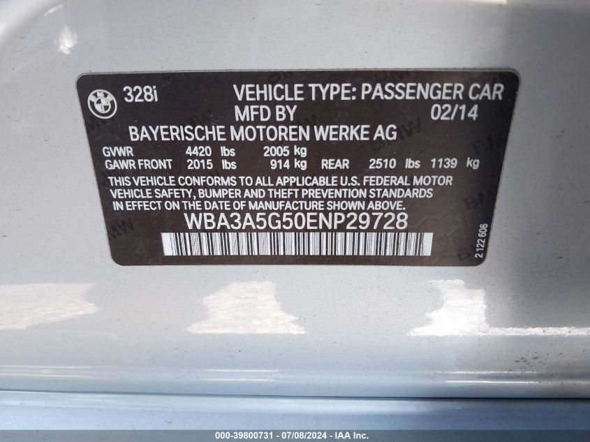 2014 BMW 328I VIN: WBA3A5G50ENP29728 Lot: 39800731