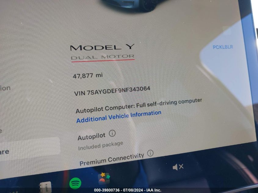 2022 TESLA MODEL Y - 7SAYGDEF9NF343064