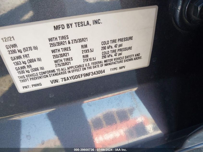 2022 TESLA MODEL Y - 7SAYGDEF9NF343064