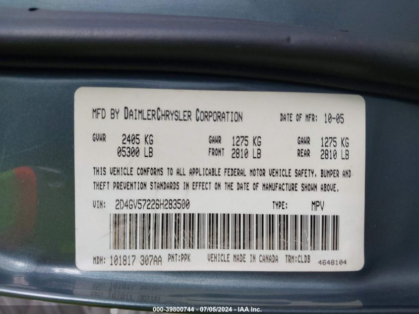 2006 Dodge Magnum Rt VIN: 2D4GV57226H283500 Lot: 39800744