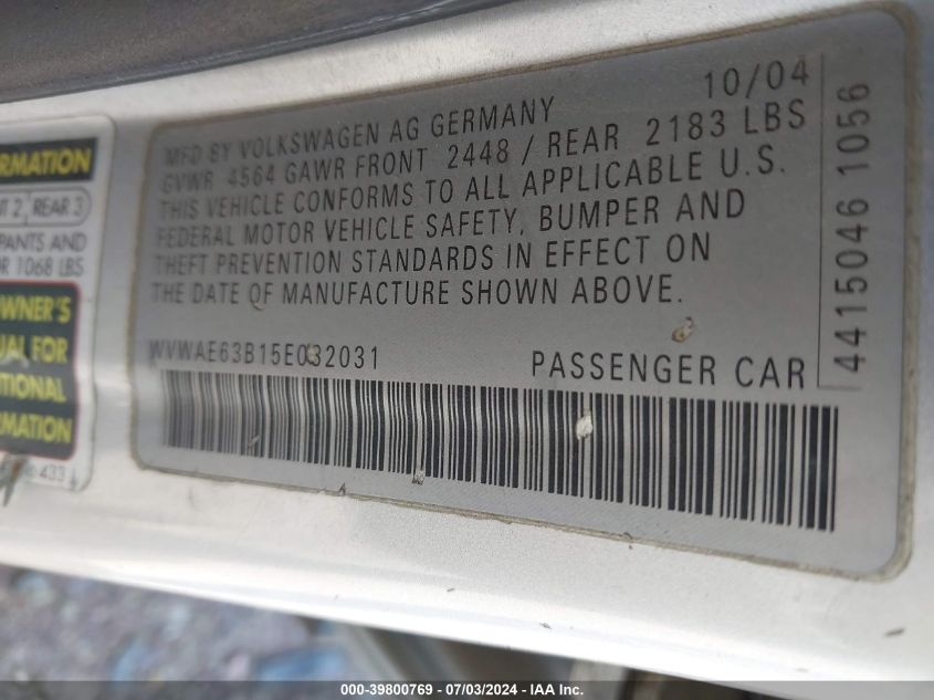 2005 Volkswagen Passat Gls Tdi VIN: WVWAE63B15E082031 Lot: 39800769