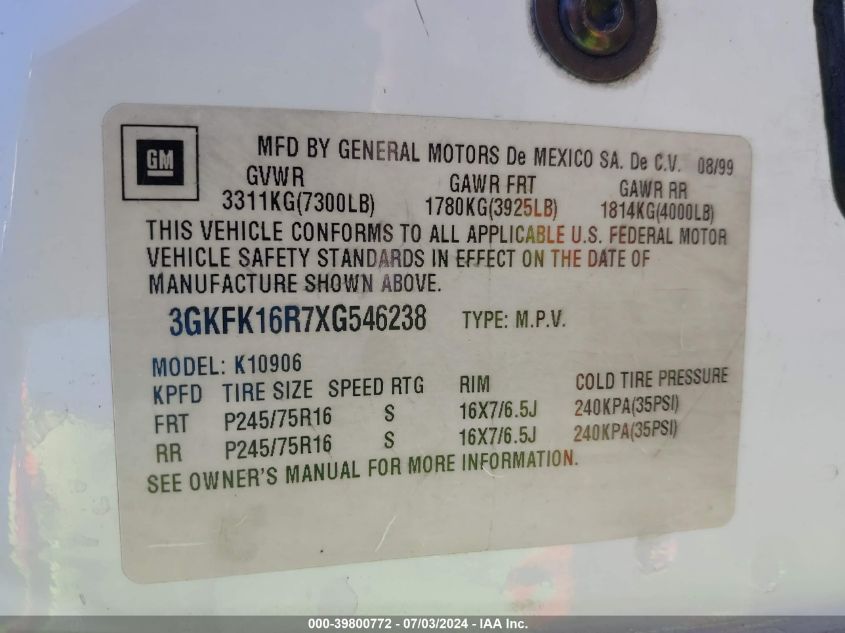 1999 GMC Suburban 1500 Sl VIN: 3GKFK16R7XG546238 Lot: 39800772