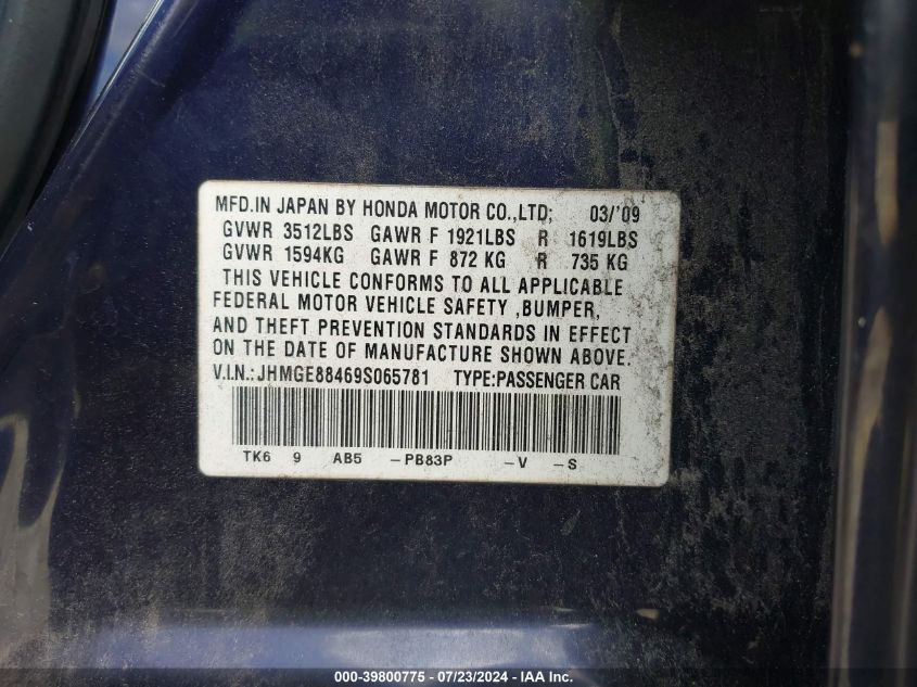 2009 Honda Fit Sport VIN: JHMGE88469S065781 Lot: 39800775