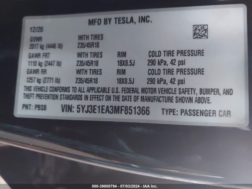 2021 Tesla Model 3 Standard Range Plus Rear-Wheel Drive VIN: 5YJ3E1EA3MF851366 Lot: 39800794