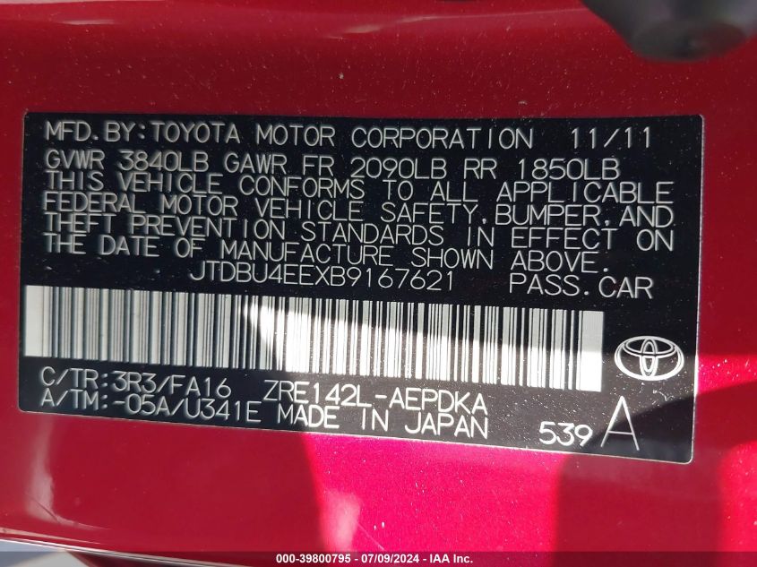 2011 Toyota Corolla VIN: JTDBU4EEXB9167621 Lot: 39800795