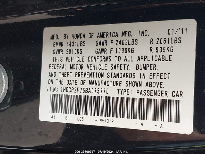 2011 Honda Accord Ex VIN: 1HGCP2F75BA075770 Lot: 39800797