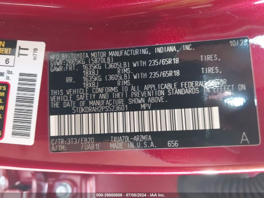 2023 Toyota Highlander Xle VIN: 5TDKDRAH2PS523601 Lot: 39800808