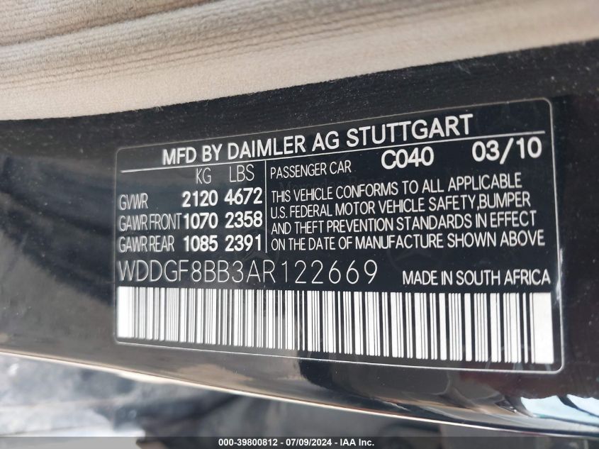 2010 Mercedes-Benz C-Class 300 4Matic VIN: WDDGF8BB3AR122669 Lot: 39800812