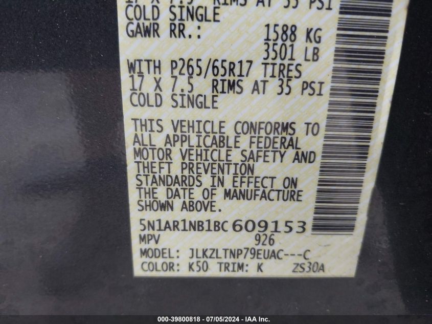 2011 Nissan Pathfinder Sv VIN: 5N1AR1NB1BC609153 Lot: 39800818