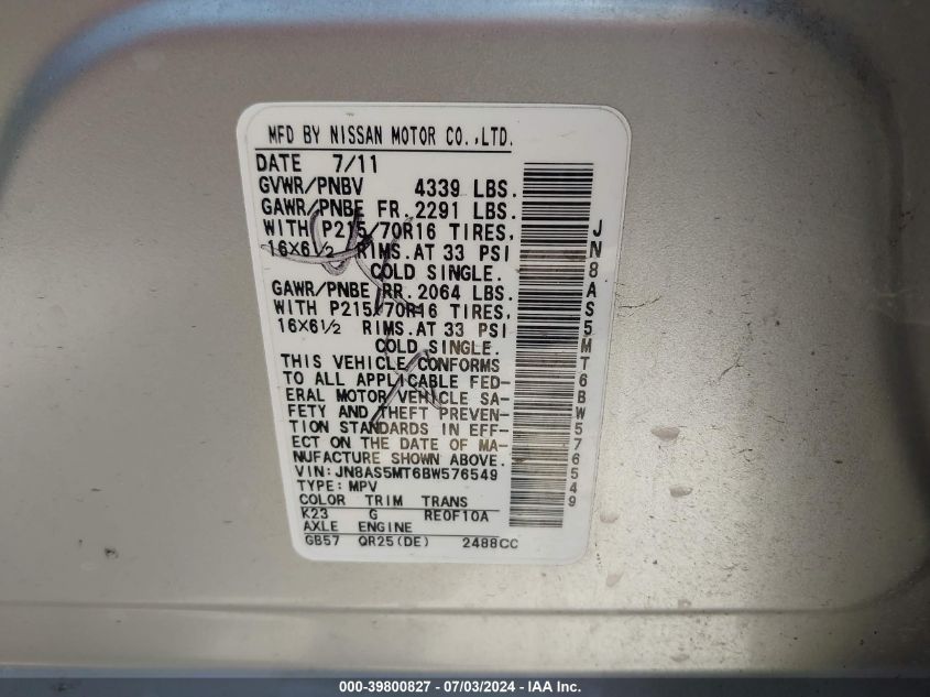 2011 Nissan Rogue S VIN: JN8AS5MT6BW576549 Lot: 39800827