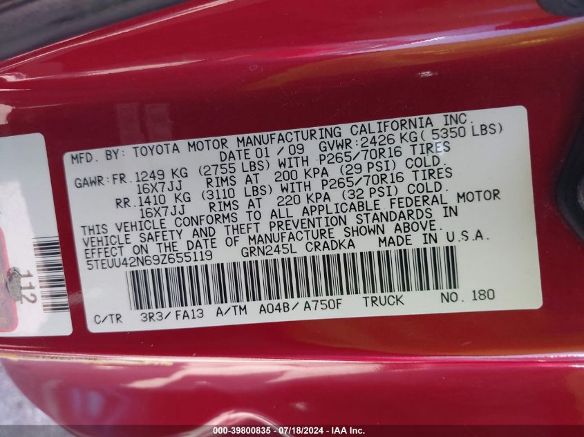 2009 Toyota Tacoma Base V6 VIN: 5TEUU42N69Z655119 Lot: 39800835