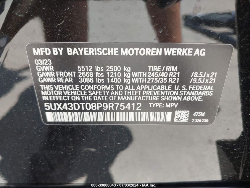 2023 BMW X4 M40I VIN: 5UX43DT08P9R75412 Lot: 39800843