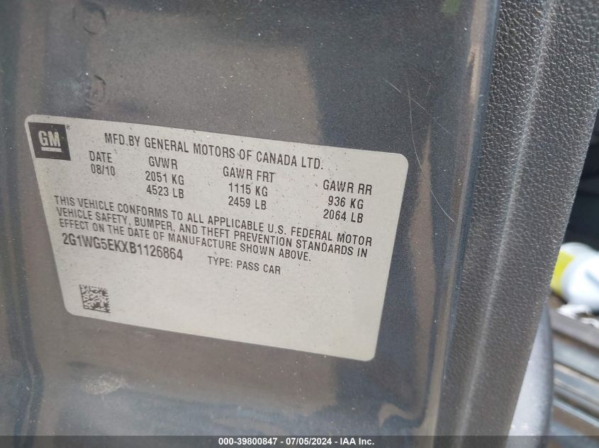 2011 Chevrolet Impala Lt VIN: 2G1WG5EKXB1126864 Lot: 39800847