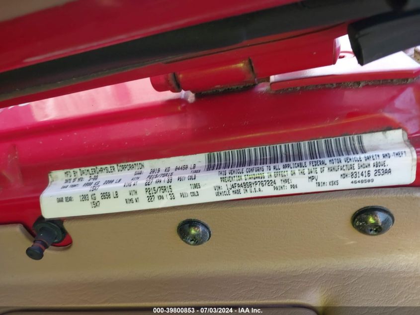 2000 Jeep Wrangler Sport VIN: 1J4FA49S8YP767224 Lot: 39800853