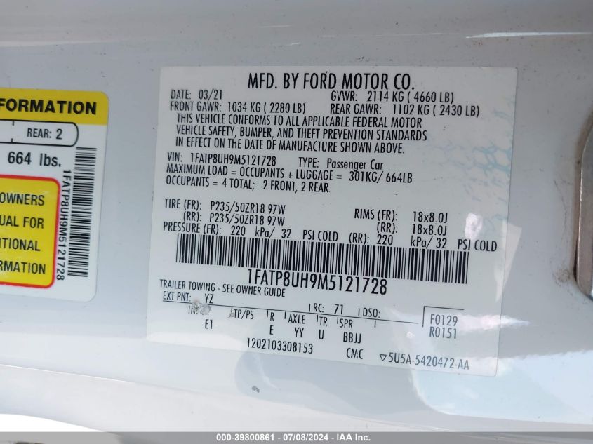 2021 Ford Mustang Ecoboost Premium VIN: 1FATP8UH9M5121728 Lot: 39800861