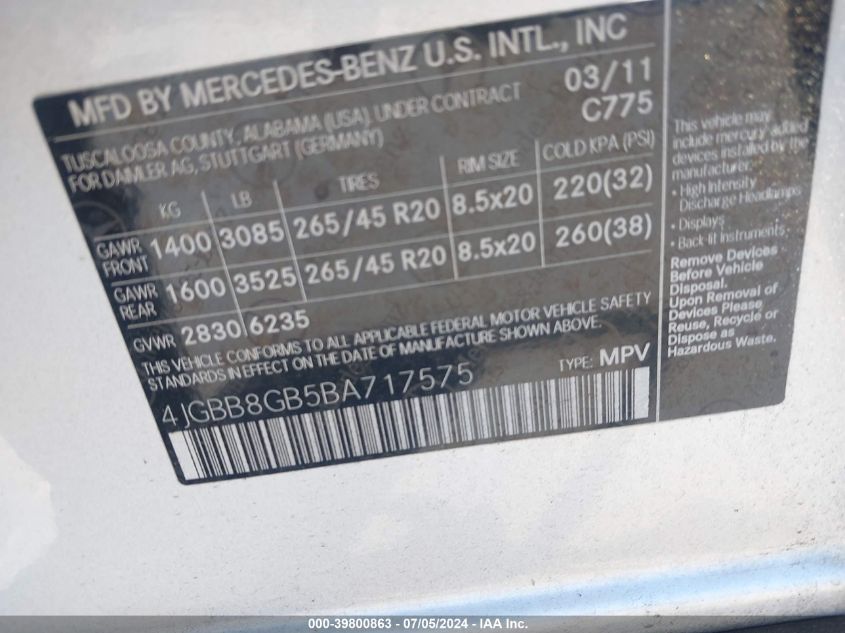 2011 Mercedes-Benz Ml 350 4Matic VIN: 4JGBB8GB5BA717575 Lot: 39800863