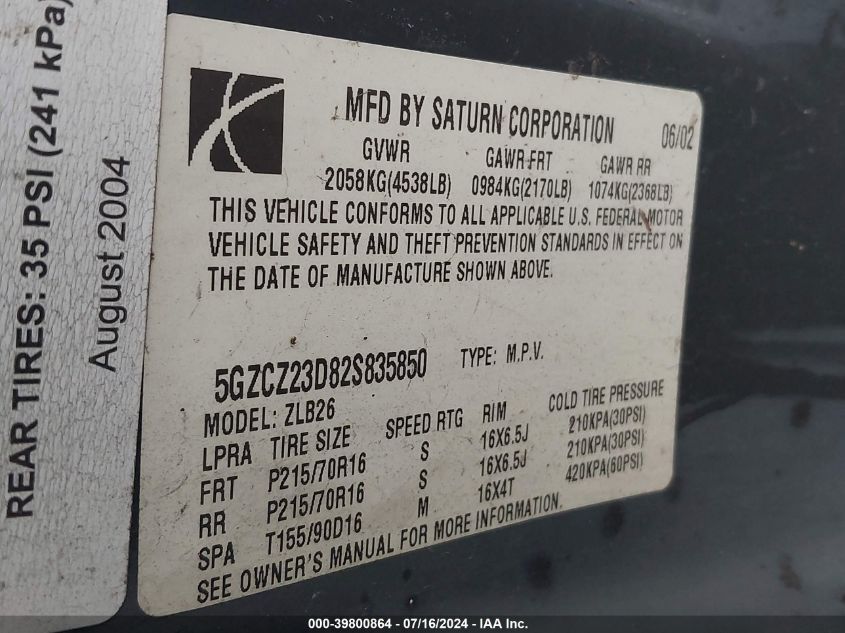 2002 Saturn Vue 4 Cyl VIN: 5GZCZ23D82S835850 Lot: 39800864