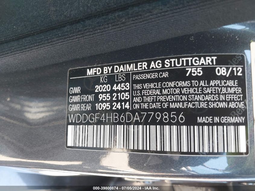 2013 Mercedes-Benz C 250 Luxury/Sport VIN: WDDGF4HB6DA779856 Lot: 39800874