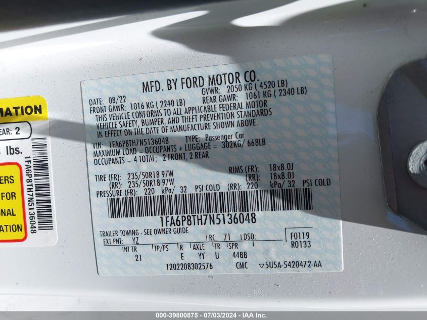 2022 Ford Mustang Ecoboost Fastback VIN: 1FA6P8TH7N5136048 Lot: 39800875