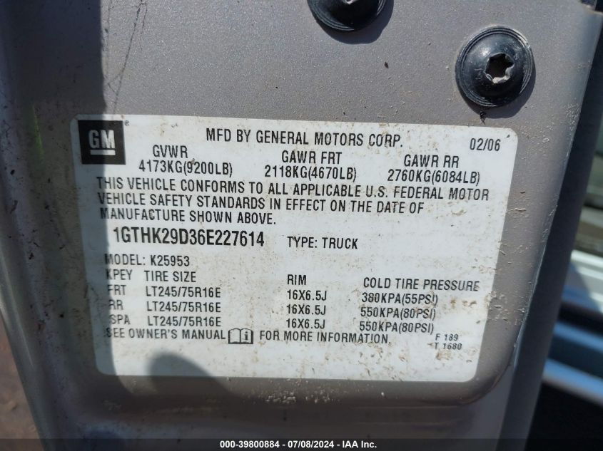 2006 GMC Sierra 2500Hd Sle2 VIN: 1GTHK29D36E227614 Lot: 39800884