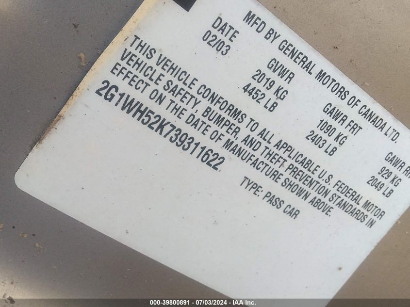 2003 Chevrolet Impala Ls VIN: 2G1WH52K739311622 Lot: 39800891