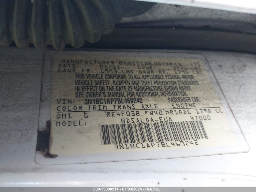2011 Nissan Versa 1.8S VIN: 3N1BC1AP7BL469242 Lot: 39800914