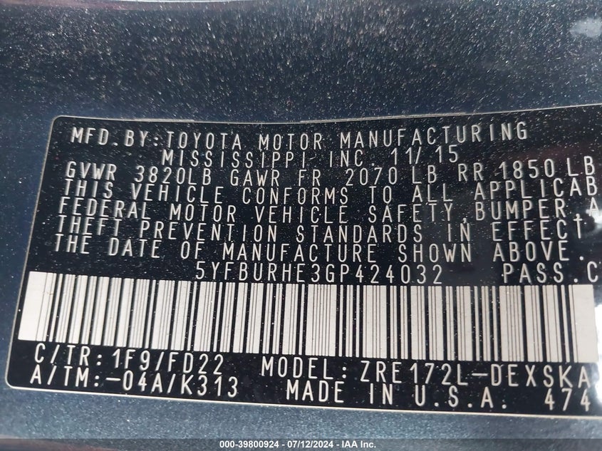 2016 TOYOTA COROLLA L/LE/LE PLS/PRM/S/S PLS - 5YFBURHE3GP424032