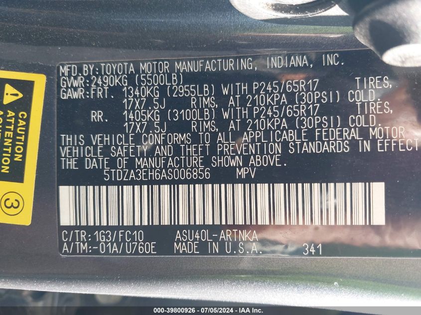 2010 Toyota Highlander VIN: 5TDZA3EH6AS006856 Lot: 39800926