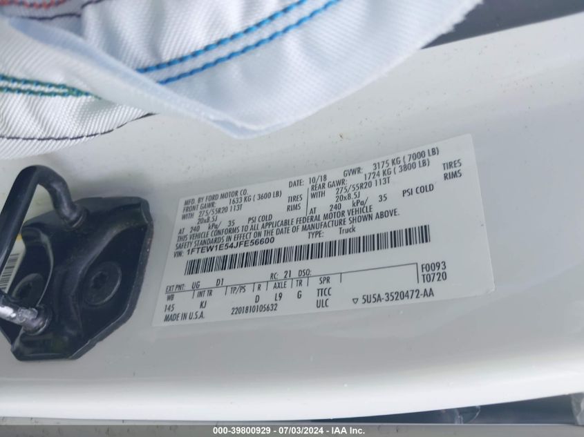 2018 Ford F-150 King Ranch VIN: 1FTEW1E54JFE56600 Lot: 39800929