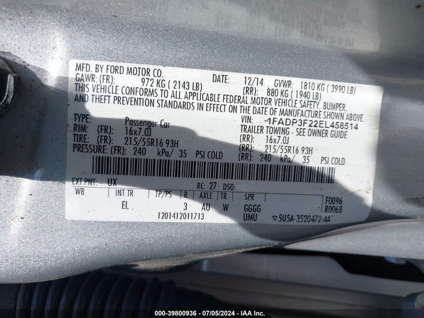 2014 Ford Focus Se VIN: 1FADP3F22EL458514 Lot: 39800936