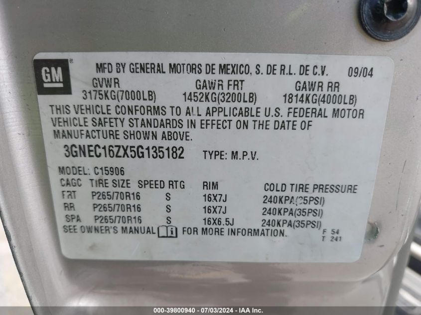 2005 Chevrolet Suburban 1500 Ls VIN: 3GNEC16ZX5G135182 Lot: 39800940