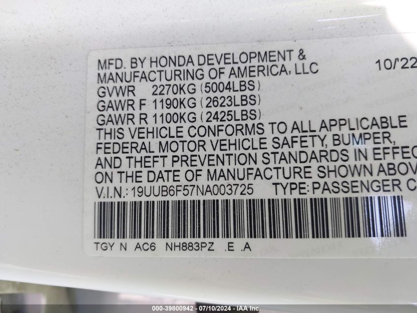 19UUB6F57NA003725 2022 Acura Tlx A-Spec Package