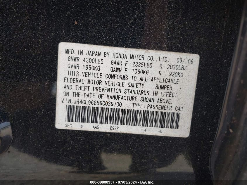 2006 Acura Tsx VIN: JH4CL96856C039730 Lot: 39800957