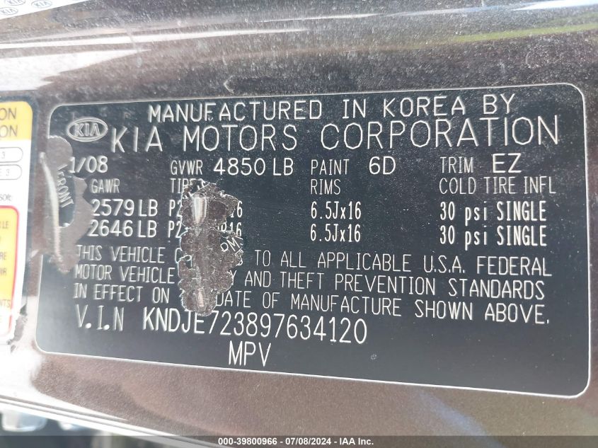 2009 Kia Sportage Lx/Ex VIN: KNDJE723897634120 Lot: 39800966