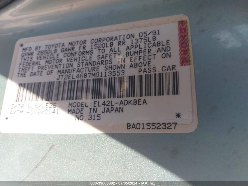 1991 Toyota Tercel Std VIN: JT2EL46B7M0113553 Lot: 39800982