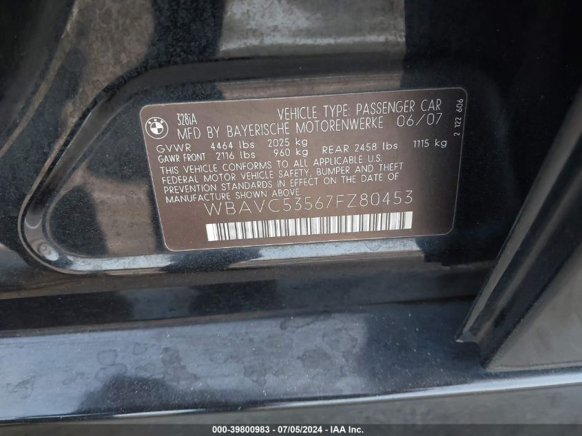 2007 BMW 328I VIN: WBAVC53567FZ80453 Lot: 39800983