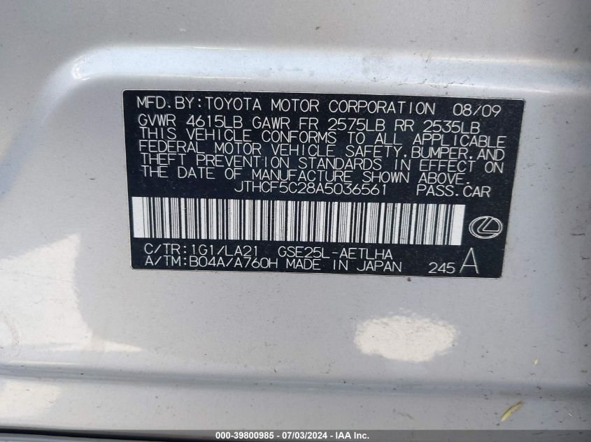 2010 Lexus Is 250 VIN: JTHCF5C28A5036561 Lot: 39800985