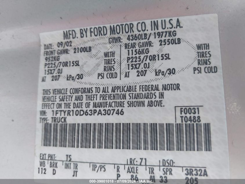 1FTYR10D63PA30746 2003 Ford Ranger Xl/Xlt