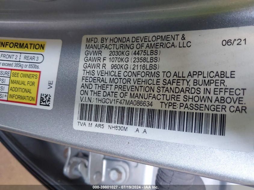 2021 Honda Accord Sport Special Edition VIN: 1HGCV1F47MA086634 Lot: 39801027