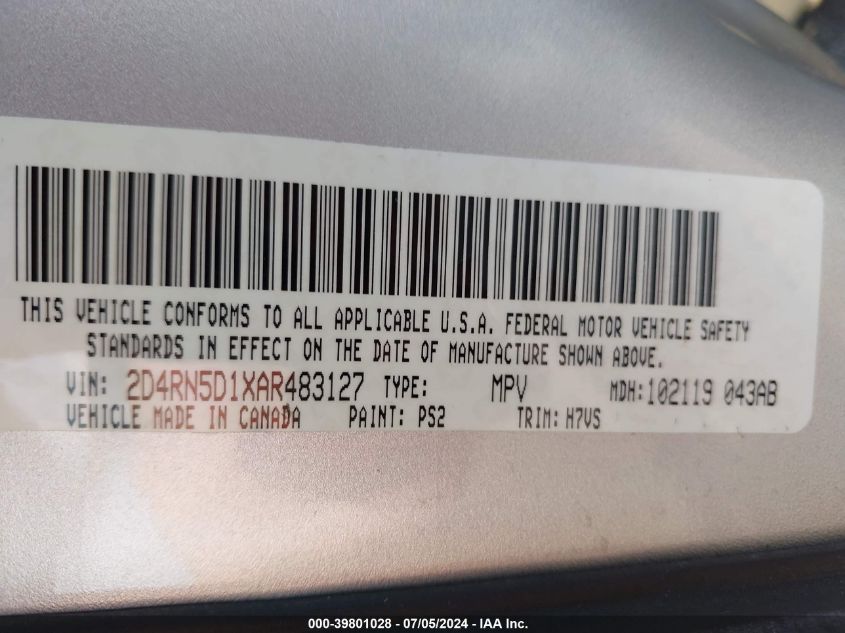 2010 Dodge Grand Caravan Sxt VIN: 2D4RN5D1XAR483127 Lot: 39801028