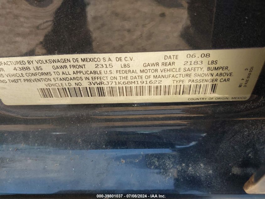 2008 Volkswagen Jetta Wolfsburg VIN: 3VWRJ71K68M191622 Lot: 39801037