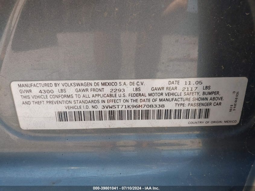 2006 Volkswagen Jetta Tdi VIN: 3VWST71K96M708338 Lot: 39801041
