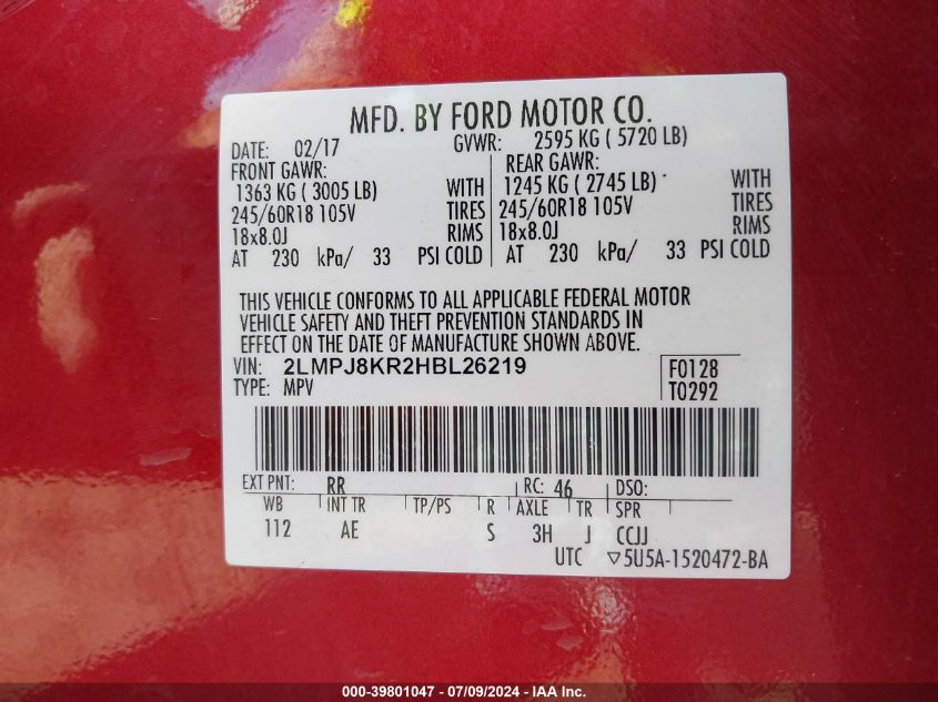 2017 Lincoln Mkx Select VIN: 2LMPJ8KR2HBL26219 Lot: 39801047