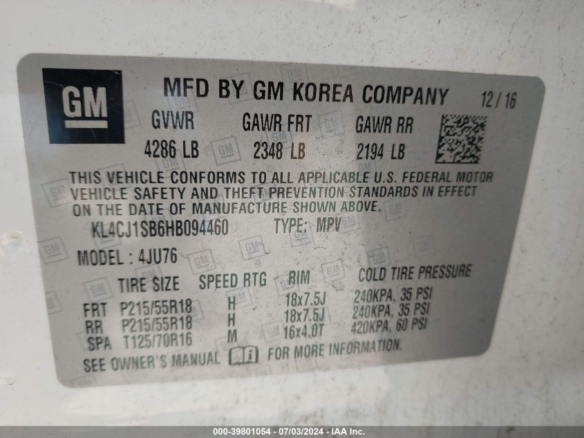 2017 Buick Encore Sport Touring VIN: KL4CJ1SB6HB094460 Lot: 39801054