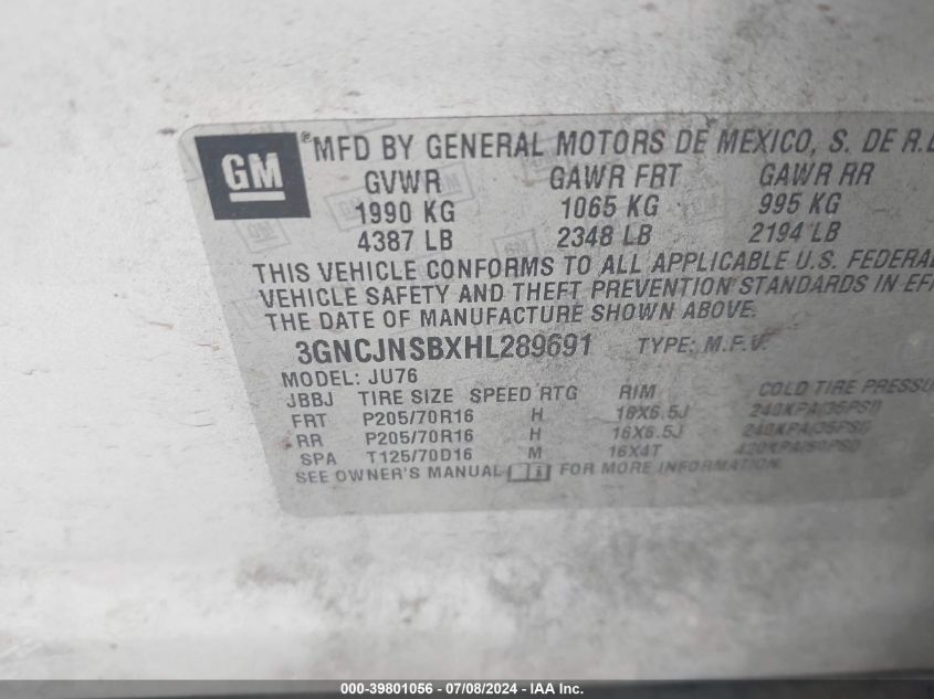 2017 Chevrolet Trax Ls VIN: 3GNCJNSBXHL289691 Lot: 39801056