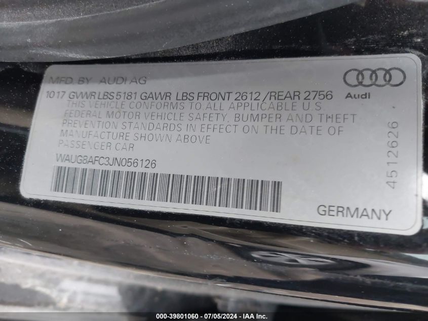 2018 Audi A6 Premium Plus VIN: WAUG8AFC3JN056126 Lot: 39801060