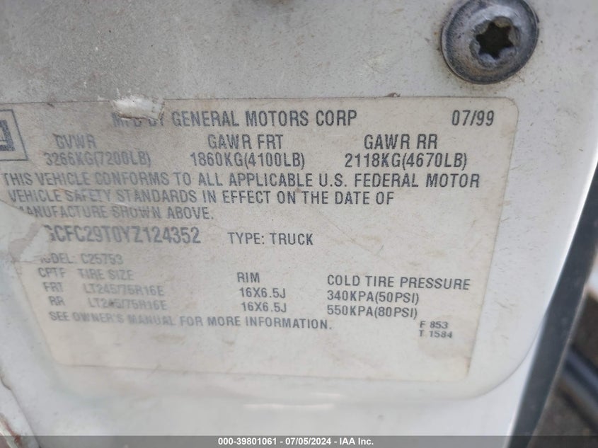 2000 Chevrolet Silverado 2500 Ls VIN: 1GCFC29T0YZ124352 Lot: 39801061